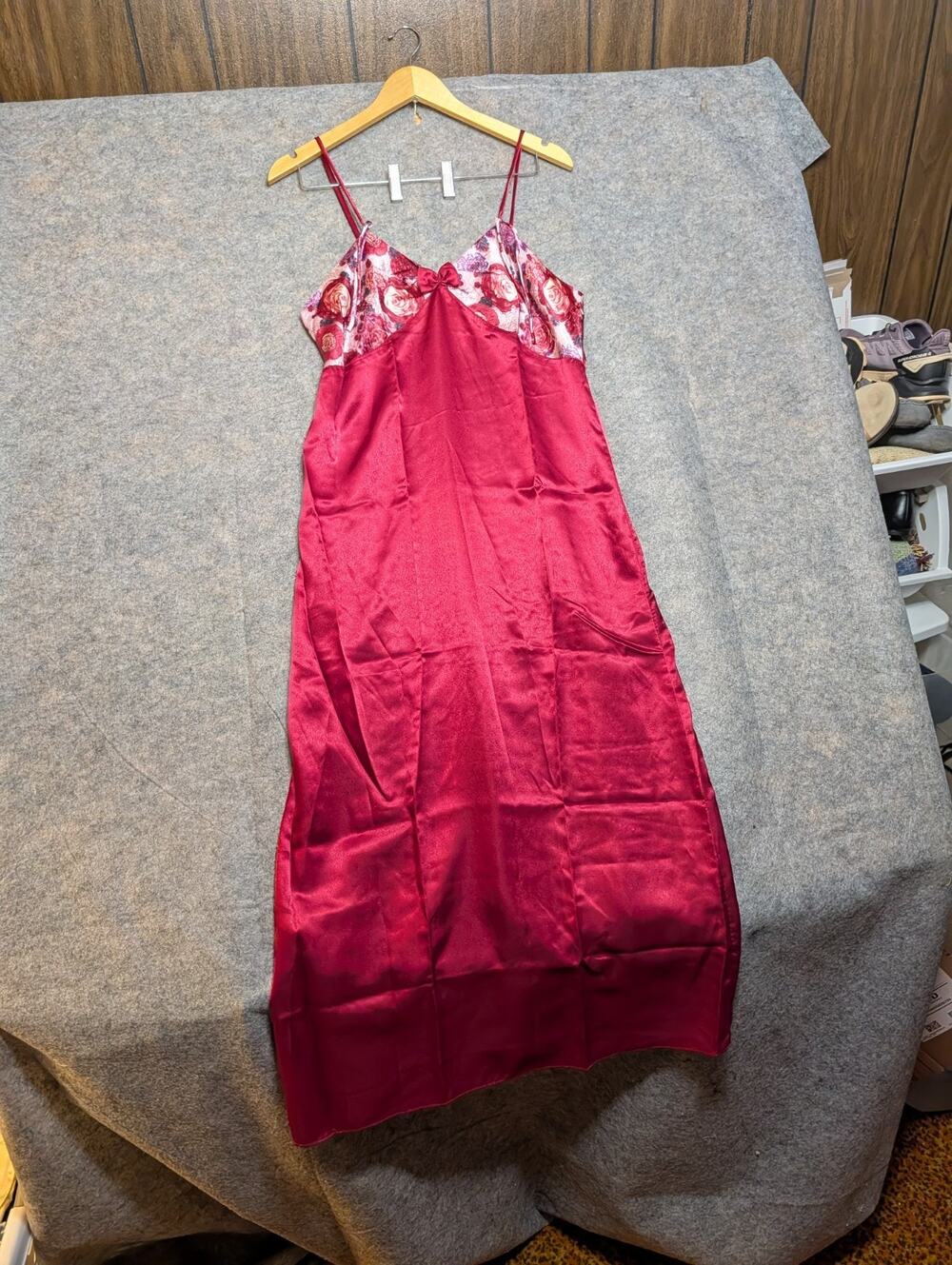 Vintage Y2k Baby Doll Floral Pink/Red Satin Midi Slip Dress Size Small Valentine